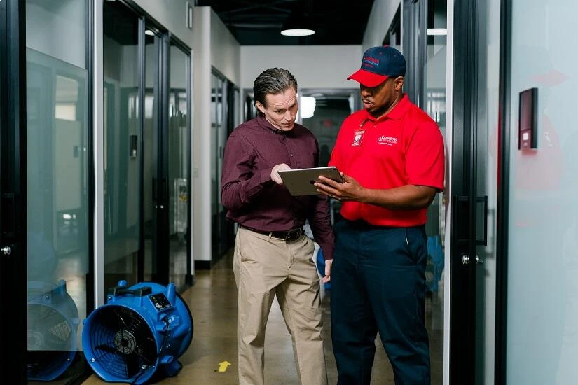 Rainbow Restoration technician meeting with business owner.