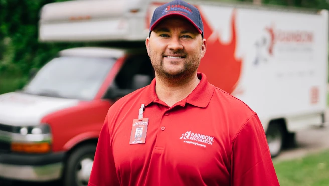 Rainbow Restoration specialist in front of his work truck ready to provide restoration services near you.