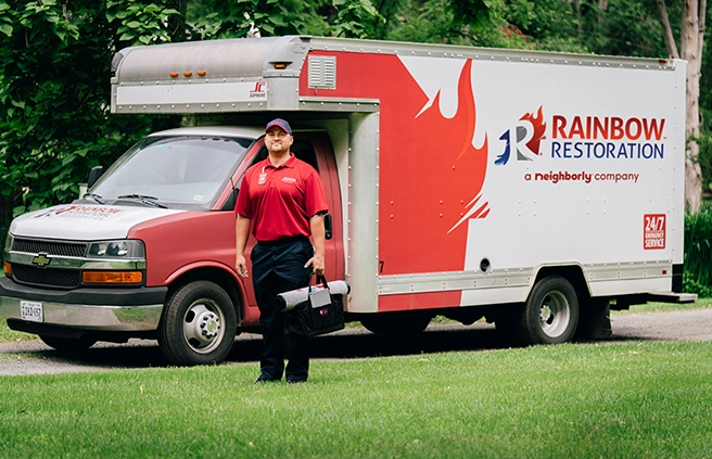 Rainbow Restoration technician standing in front of van