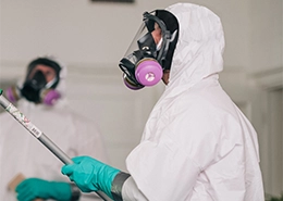 Rainbow Restoration techs in masks and hazmat suits performing mold removal.