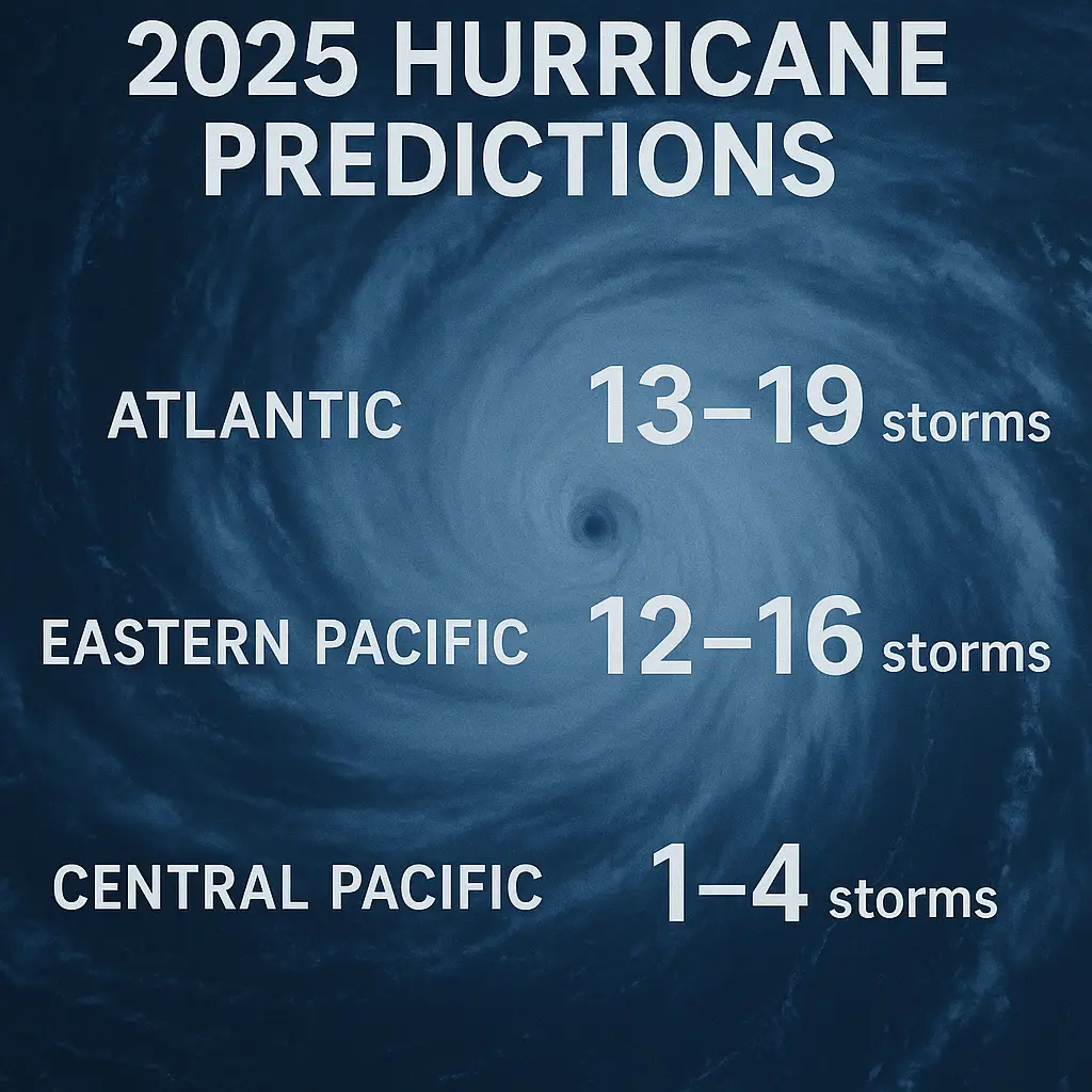 2025 Hurricane Predictions include 13-19 storms in the Atlantic, 12-16 storms in the Eastern Pacific, and 1-4 storms in the Central Pacific.