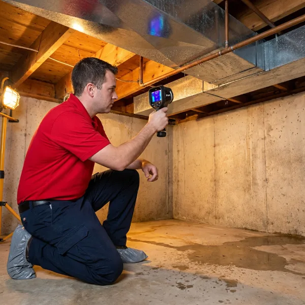 A restoration expert in a red polo and navy pants uses an infrared camera to distinguish between ductwork condensation and a structural pipe leak in a Canton basement.