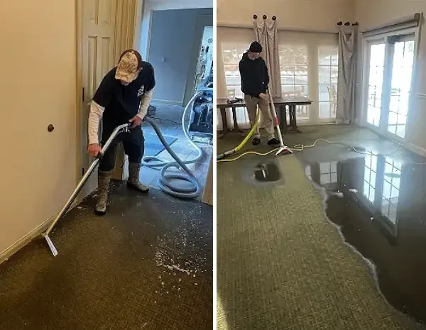 Two Rainbow Restoration of Tri-Cities, TN, service professionals cleaning up standing water inside a home after a storm.