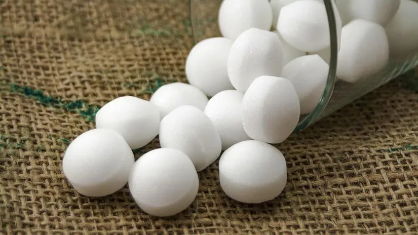 Moth balls on a burlap sack