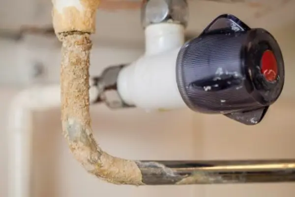 A close-up view of a corroded and mineral-encrusted pipe beneath a sink, showing signs of water damage and buildup near a plastic shut-off valve with a red indicator.