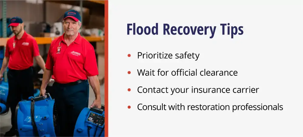 A person cleaning up after flooding with tips for flood recovery, including seeking medical attention, turning utilities off, reporting losses, and getting help from restoration specialists.