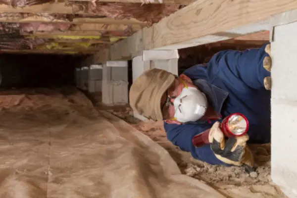 A restoration professional wearing protective gear inspects a crawlspace with a flashlight, checking for water damage and moisture issues beneath a home.