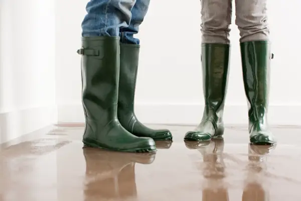 Couple standing in flooded basement, looking at water damage in the area