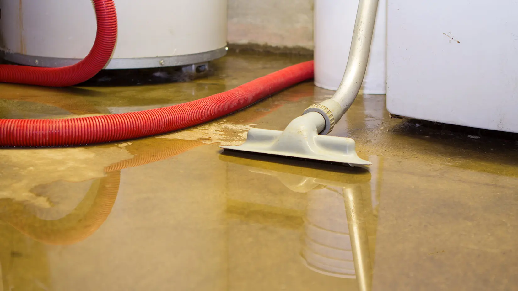 Floodwater in a basement is removed using a water vacuum.